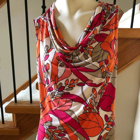 Worthington Sleeveless Cowl Neck Floral Poly BlendTop Pink Orange Wht Tan Size S - Picture 2 of 4